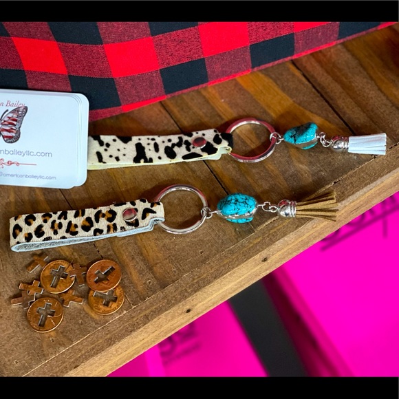 Pick TWO for the listed price!! Leather Wristlet Keychain w/Turquoise & Fringe - Picture 4 of 6